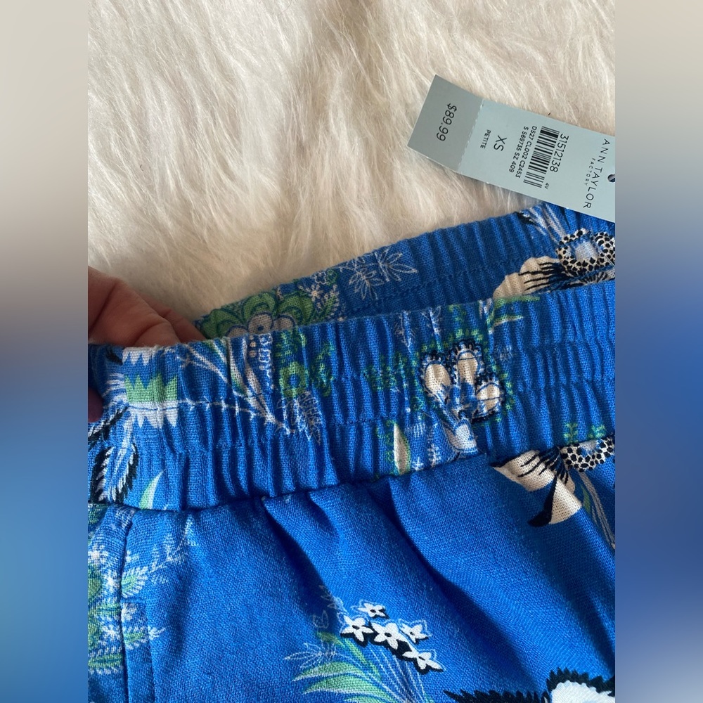 Ann Taylor linen wide leg pants pockets blue tropical print NWT XS Petite - Picture 4 of 5